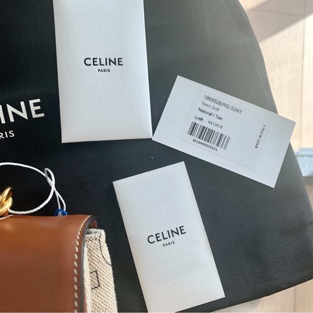 🌟 CELINE Teen Soft 16 Crossbody Bag in Textile Logo and Natural Tan Leather - Picture 15 of 16
